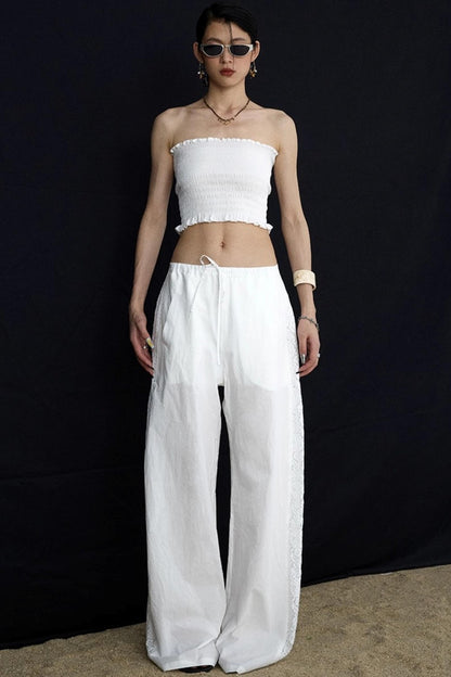 White Elasticated Waist Wide-Leg Trousers