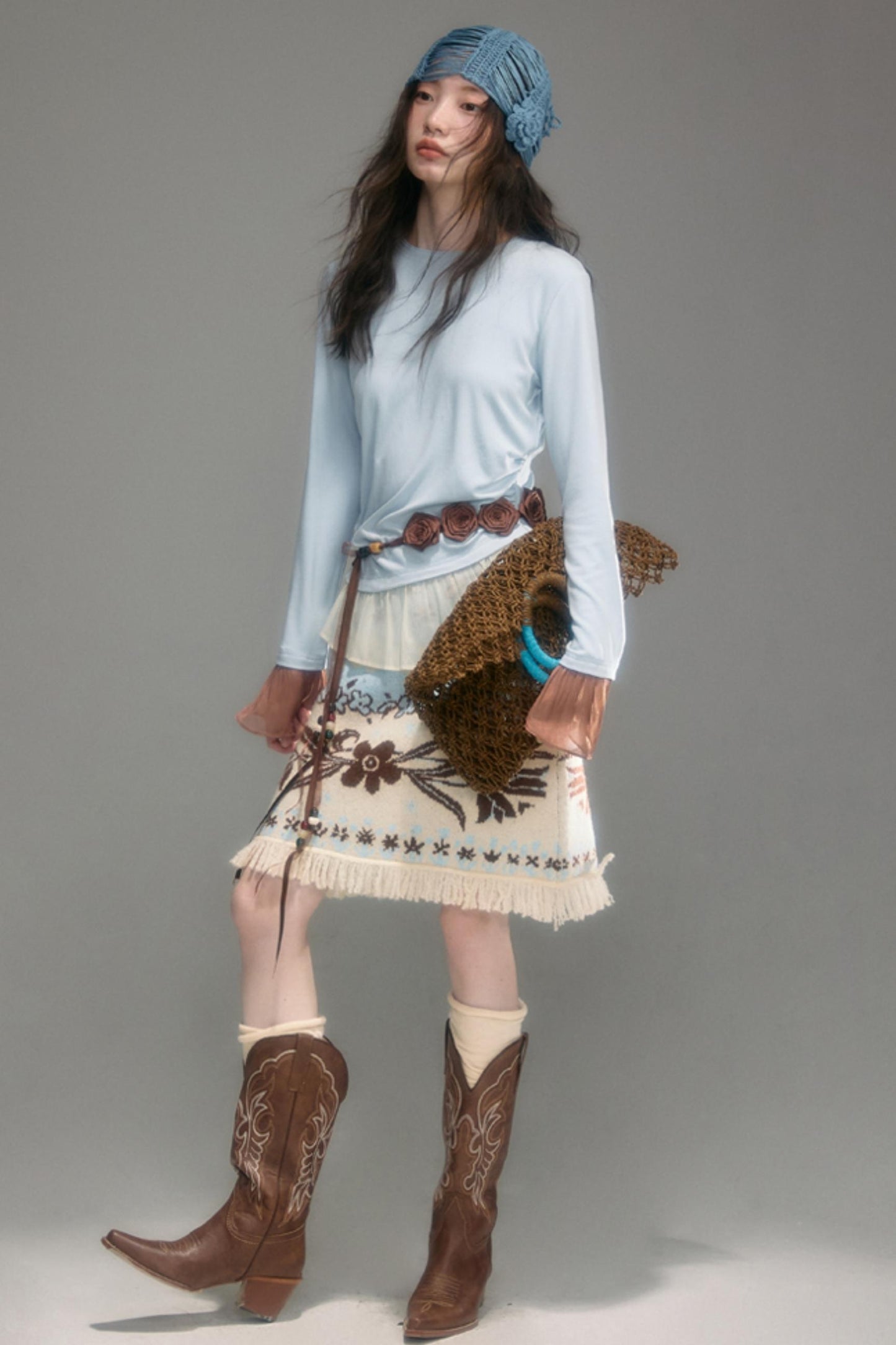 Knitted Panel Long-Sleeved T-Shirt