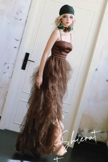 Chocolate Satin Halter Dress