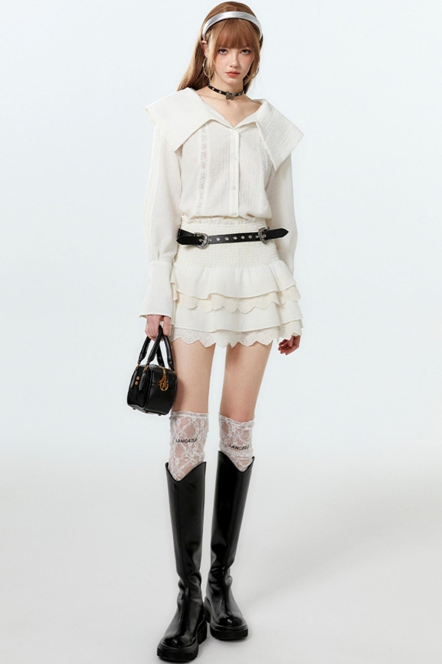 Sheer Lace Big-Collar Mint Blouse