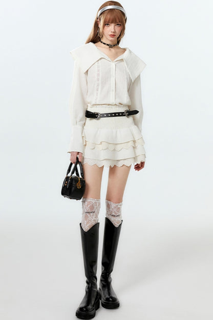 Sheer Lace Big-Collar Mint Blouse