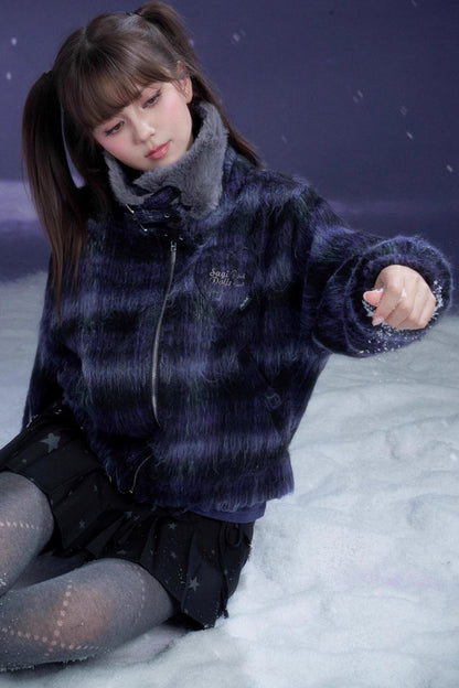 High-Neck Plaid Woolen Coat