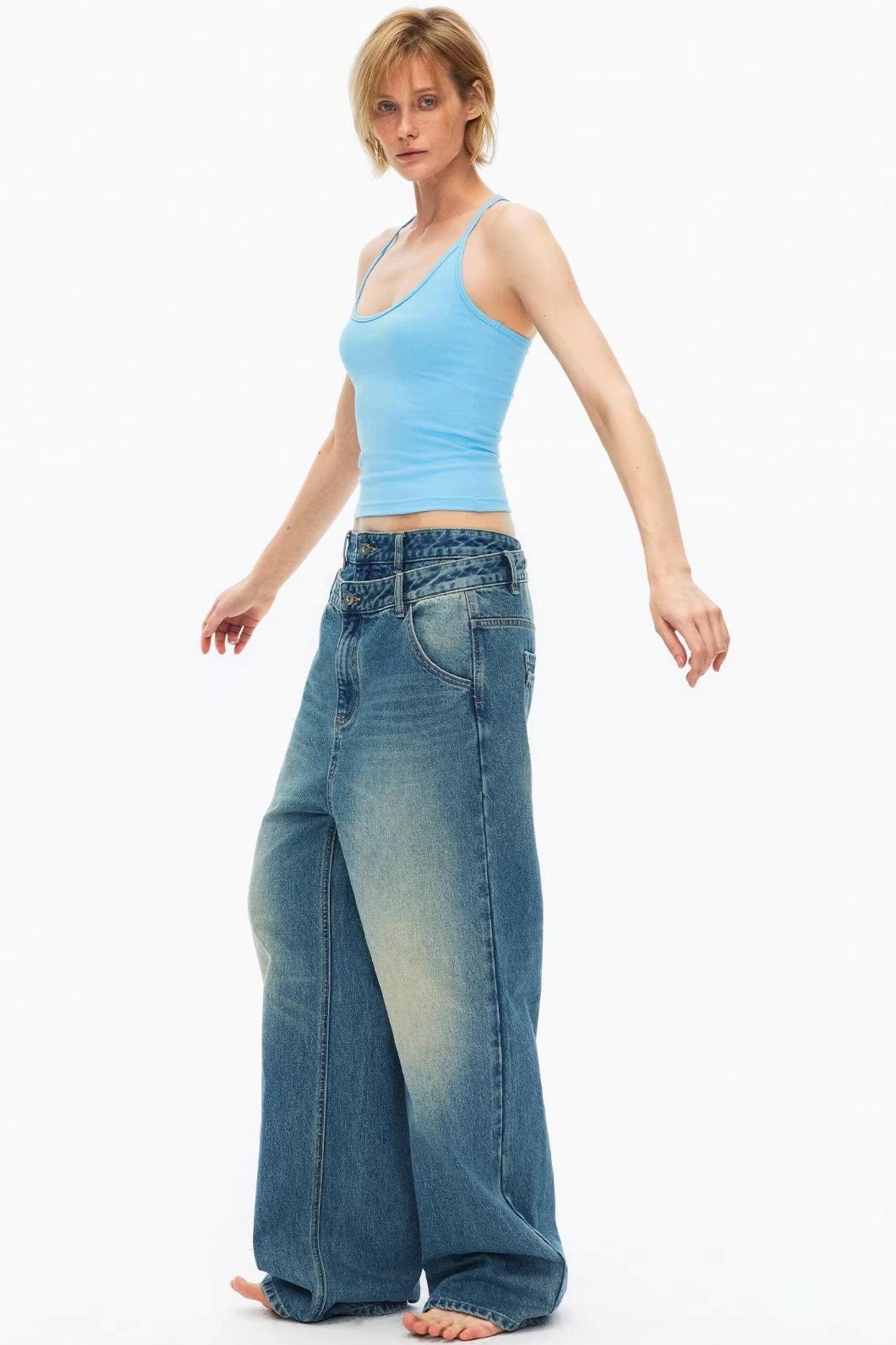 Azure blue sporty cotton top slimming fit