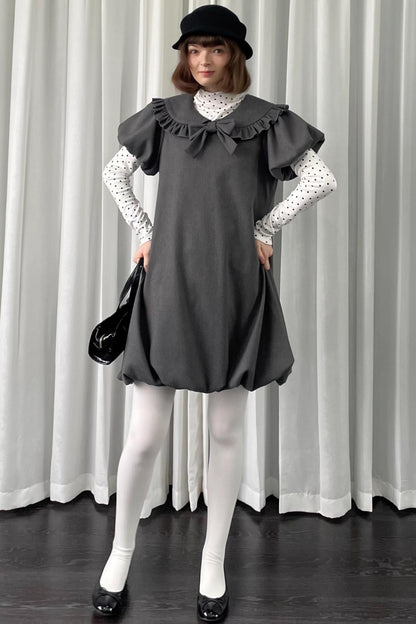 Gray Tweed Bow Lace Puff Sleeve Dress