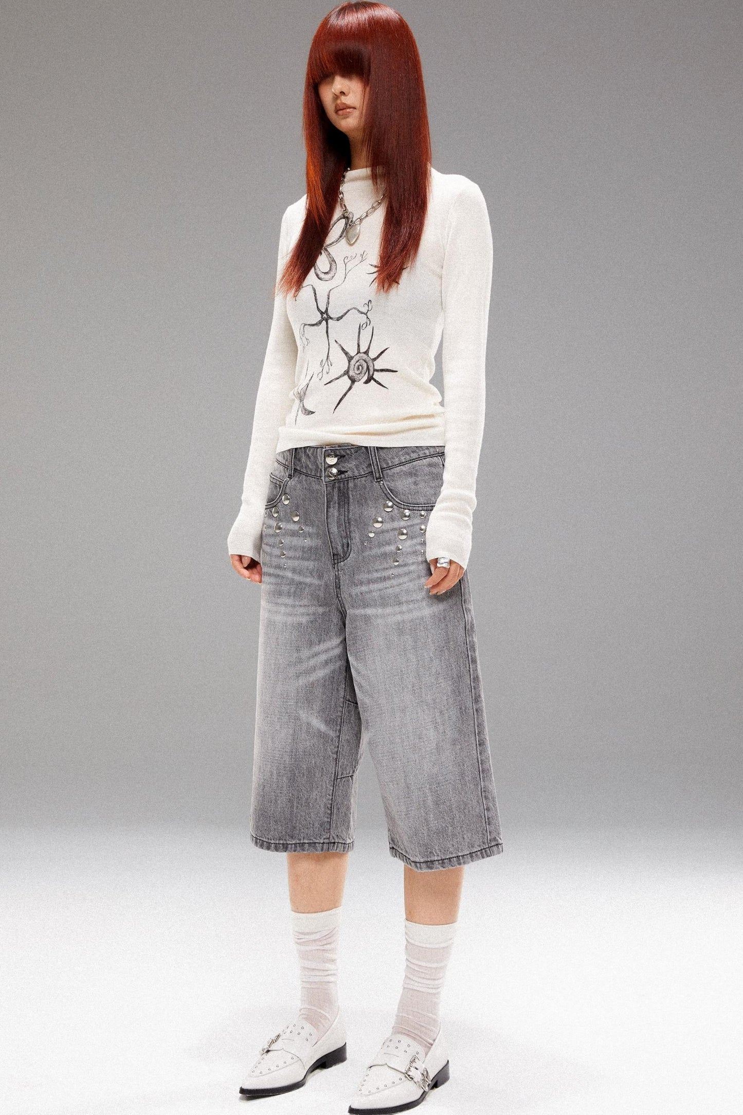 Metal Stud Denim Mid Pants