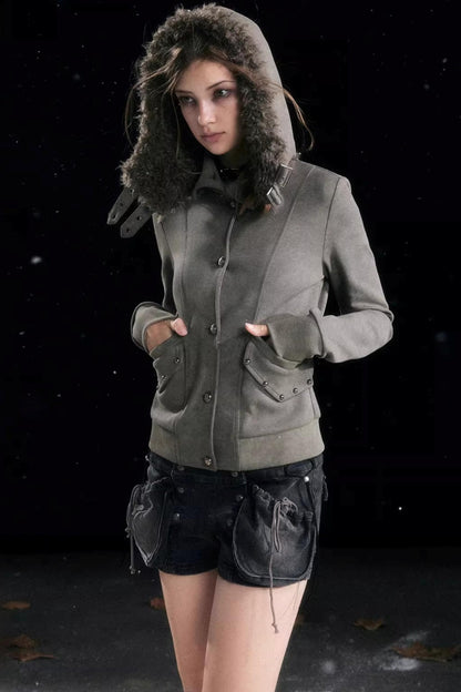 Aged Vintage Detachable Fur Hooded Coat