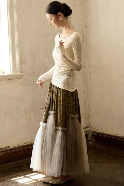Velvet Mesh Patchwork Skirt