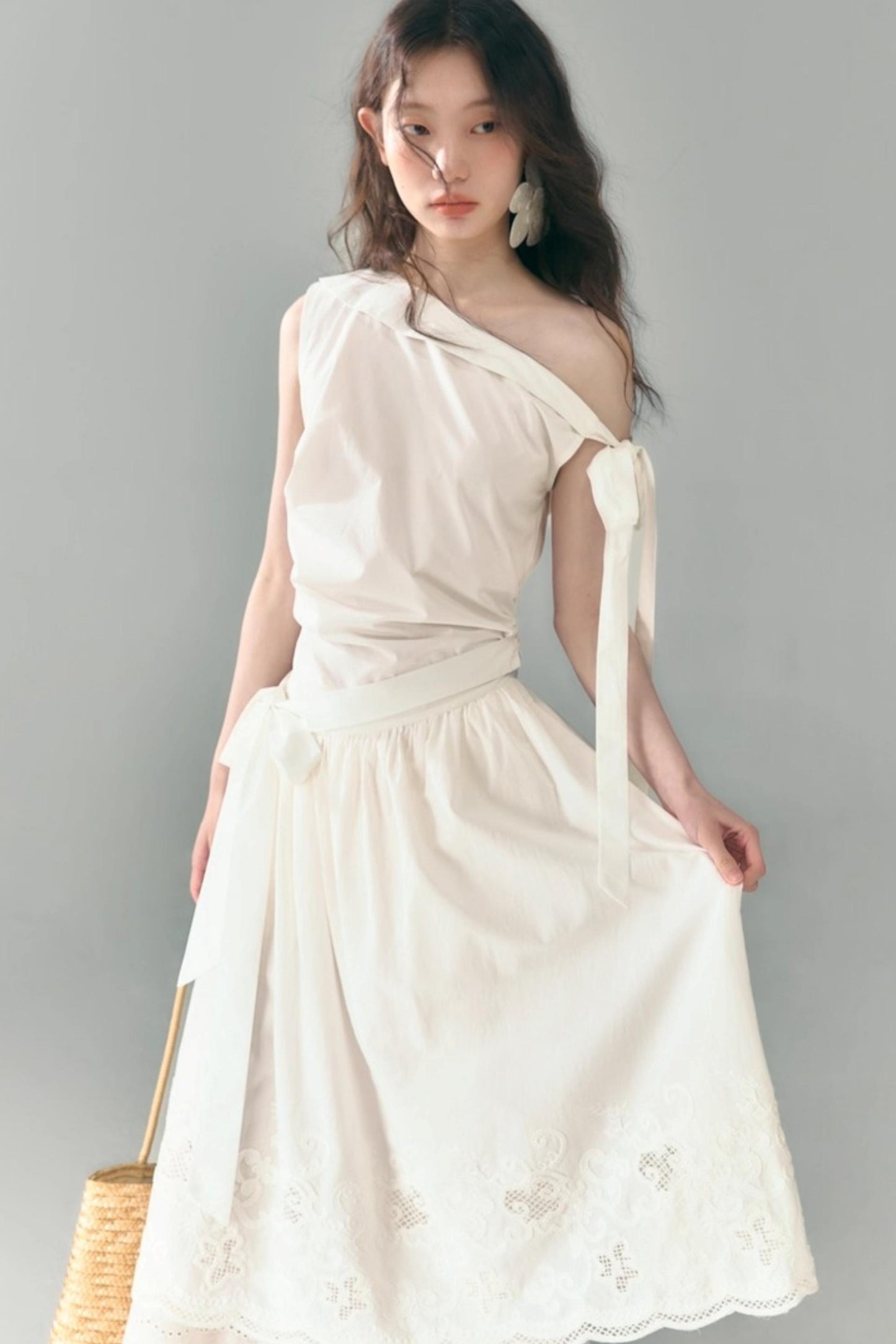 Slant Shoulder Tencel Cotton Dress