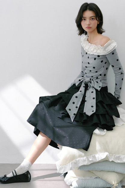 Slanted Polka Dot Long-Sleeved T-Shirt