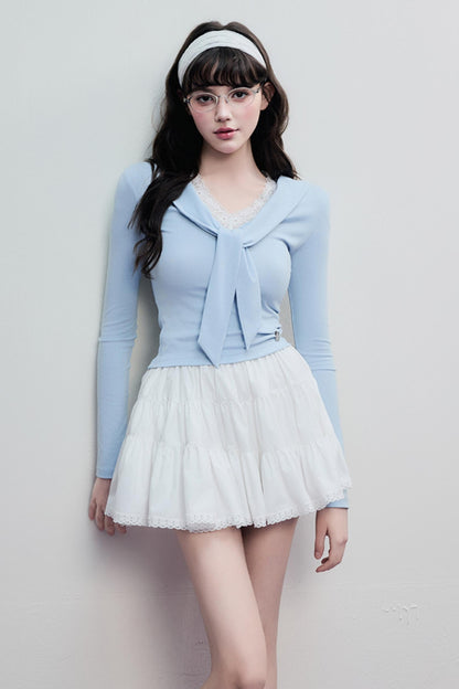 Korean Lace Trim Tie Neck Sweater