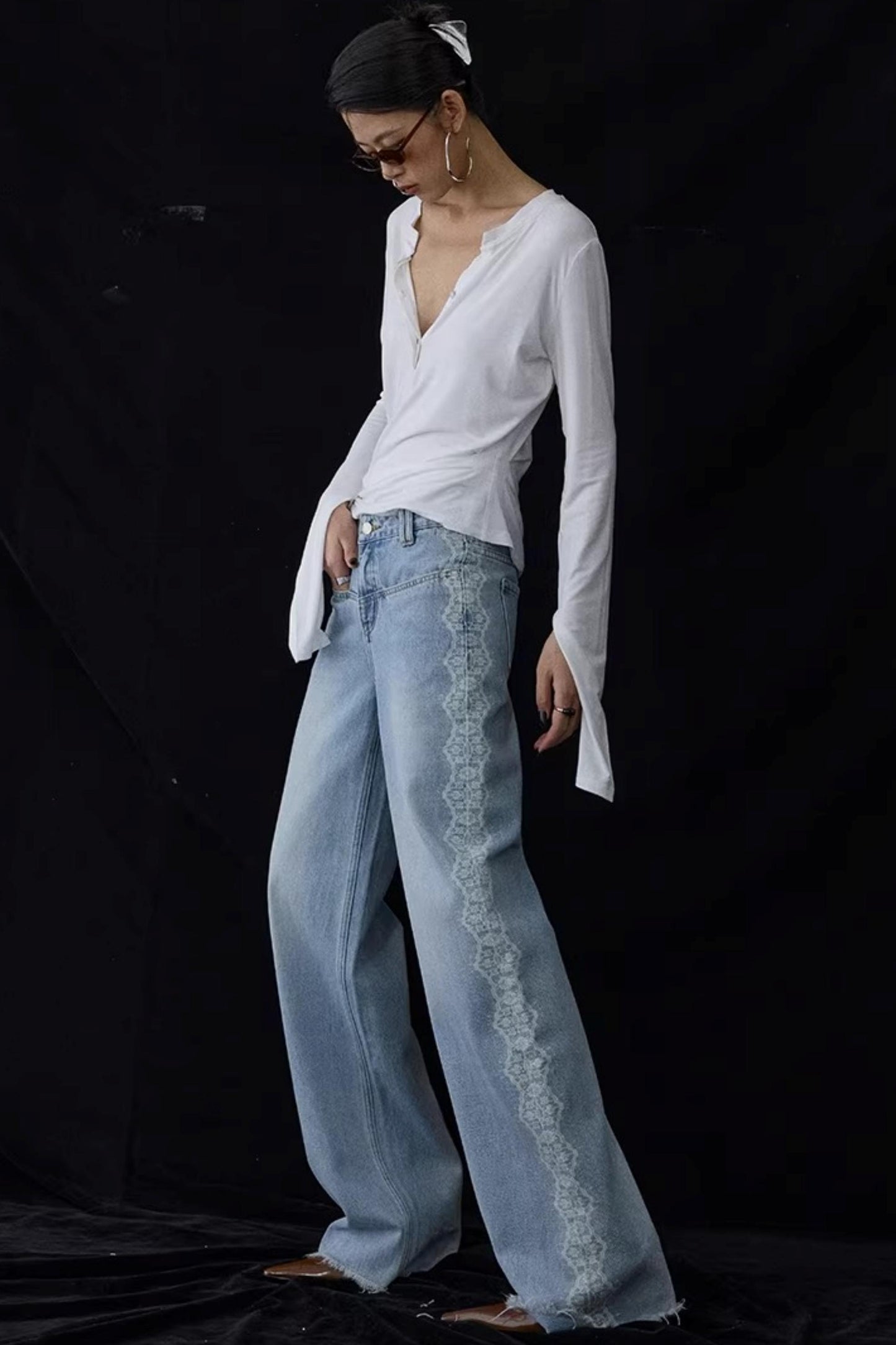 Lace Print Raw Hem Jeans