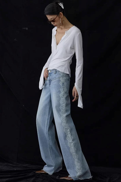 Lace Print Raw Hem Jeans