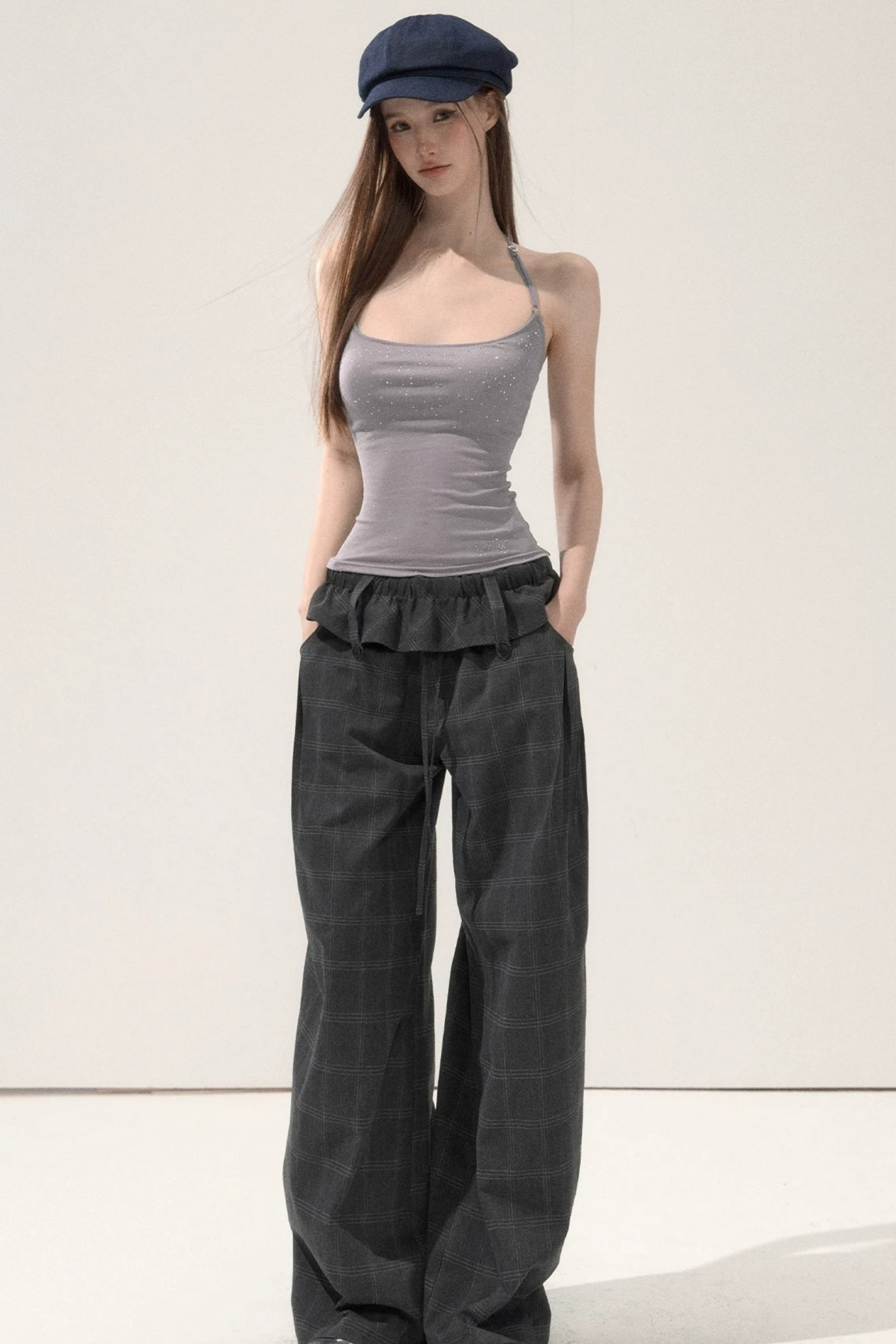 Folded Waistband Plaid Pants