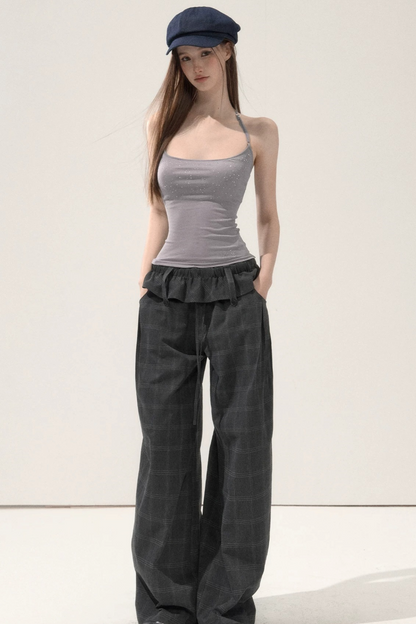 Folded Waistband Plaid Pants