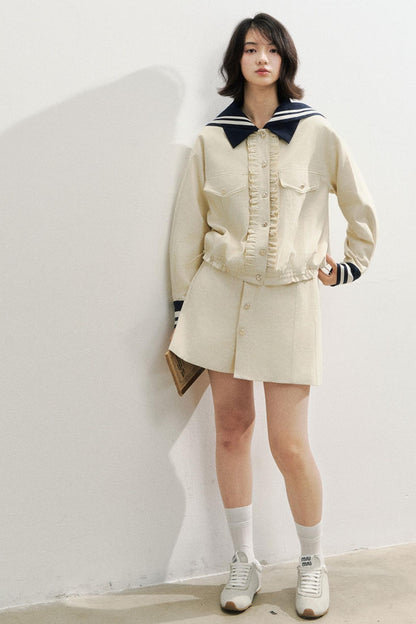 Beige Navy Collar Jacket Set-Up