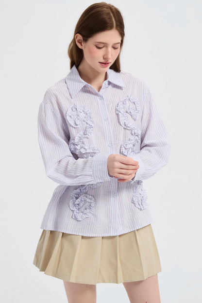 Autumn Floral Striped Ruffle Shirt