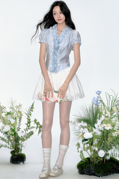 Gray Blue Floral Pleated Blouse