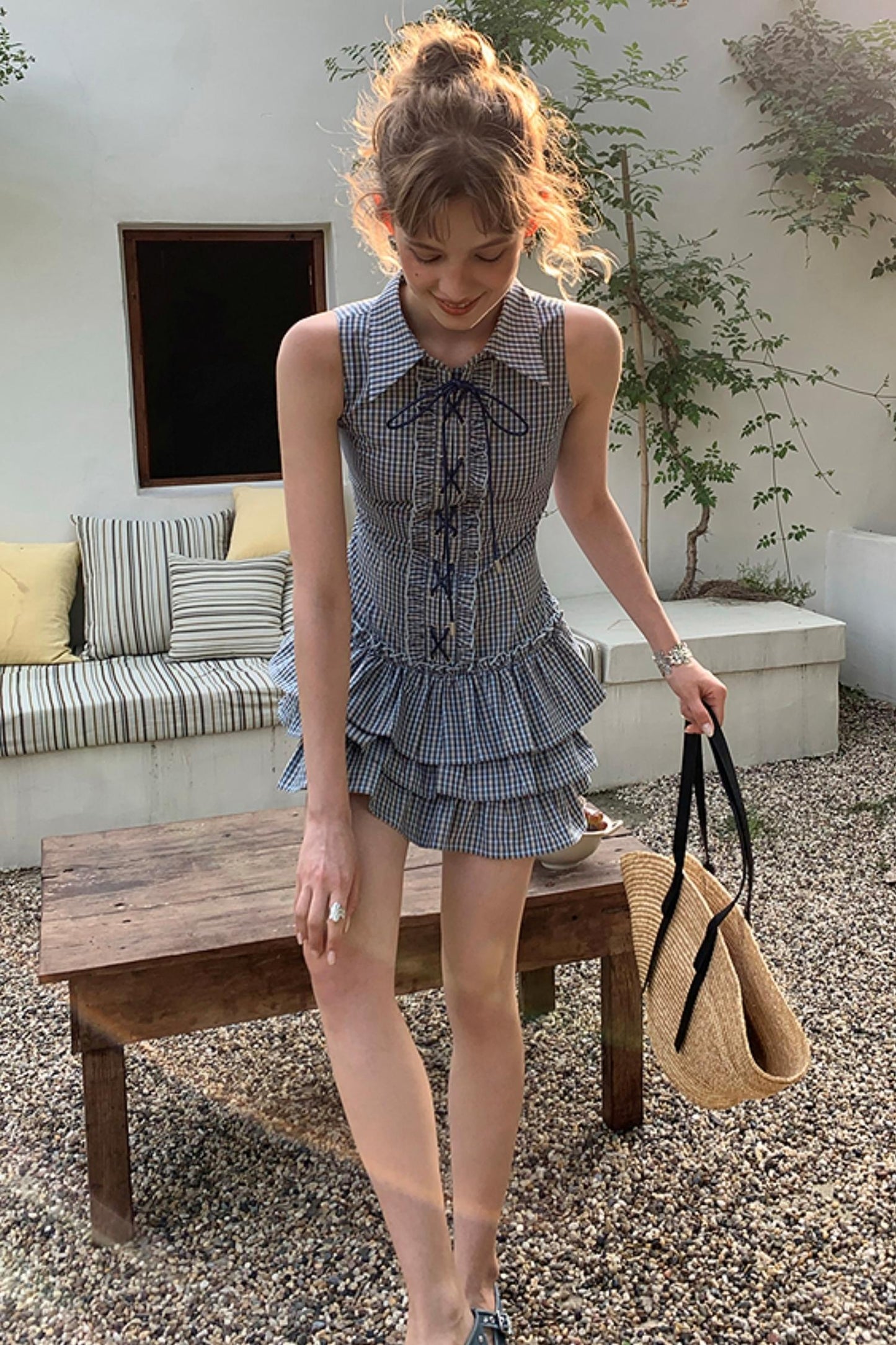 Uena Navy Check Puffy Dress