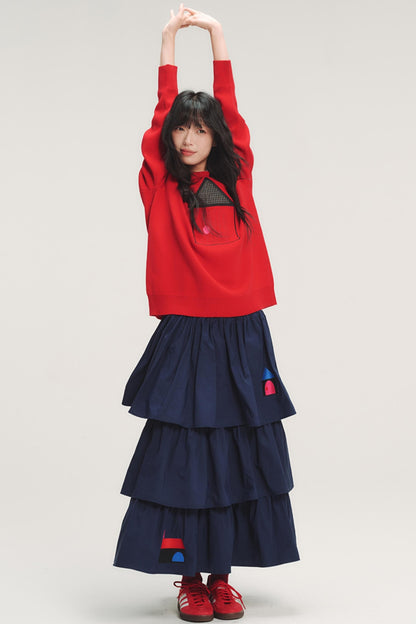 Color-Blocked Plaid Knit Top