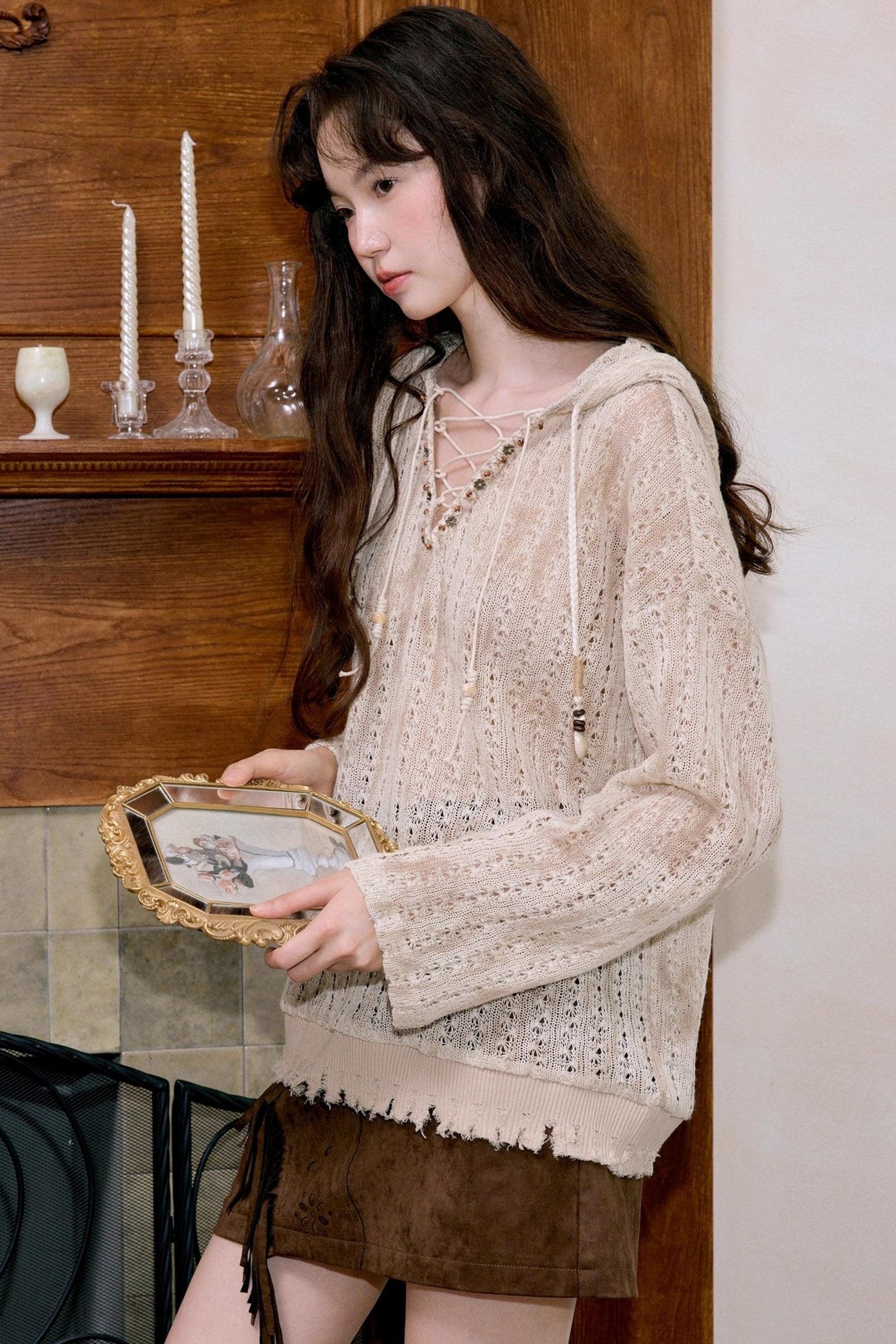 Vintage Coffee Openwork Fringed Suede A-Line Skirt