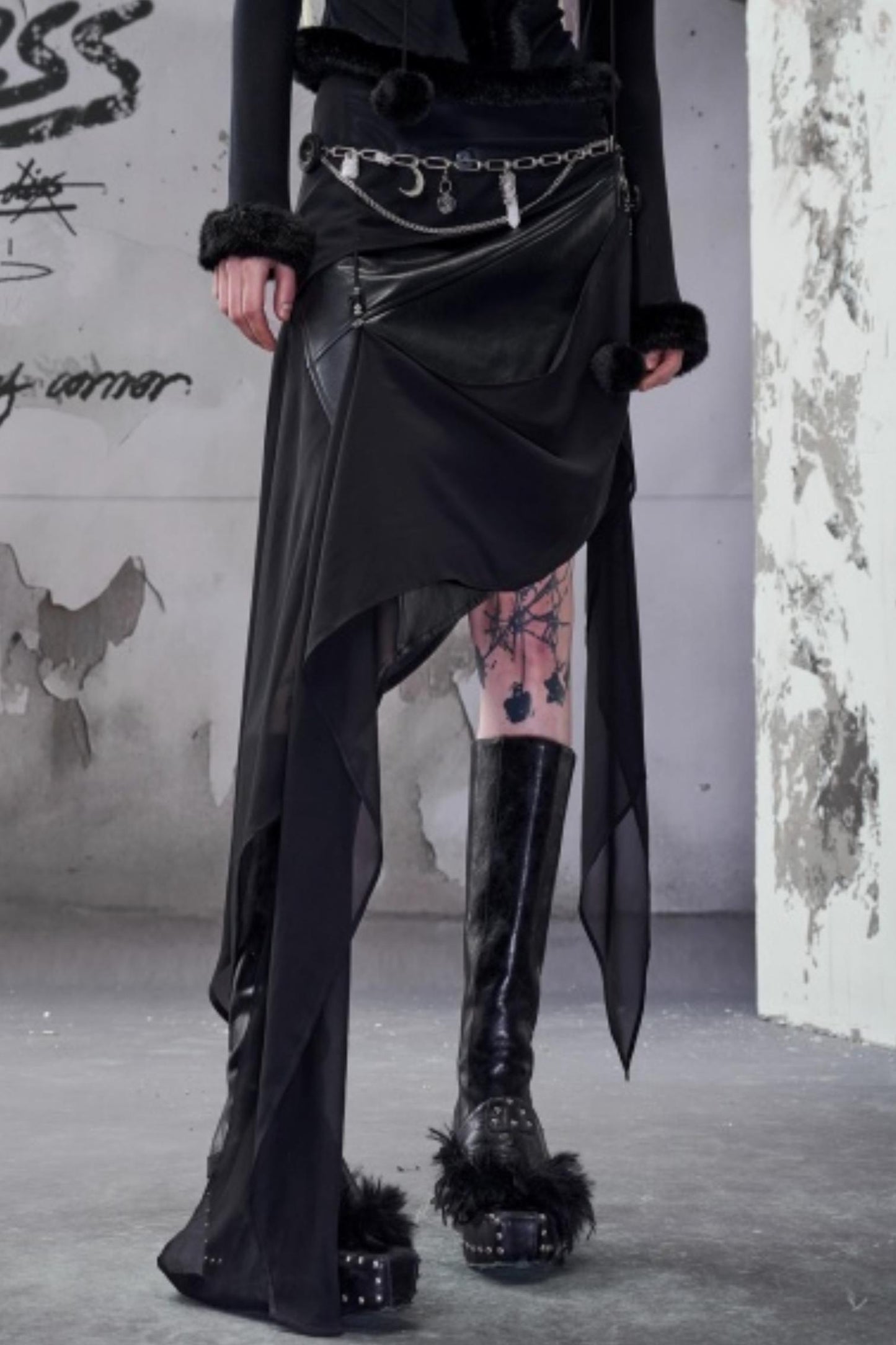 Chiffon Panel Ruffled Irregular Leather Skirt