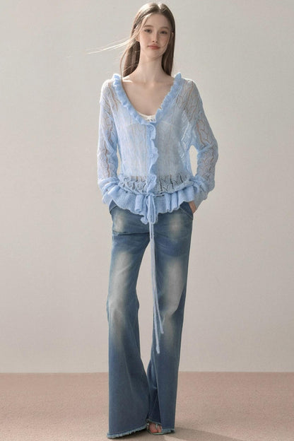 Knit Ruffled Cut Out Blouse