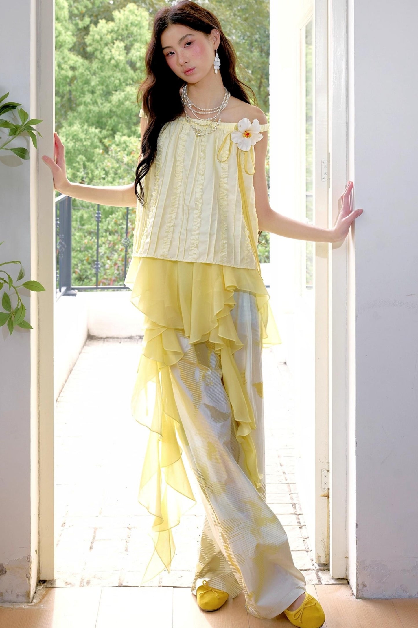 Botanical Ruffle Chiffon Wide-Leg Trousers