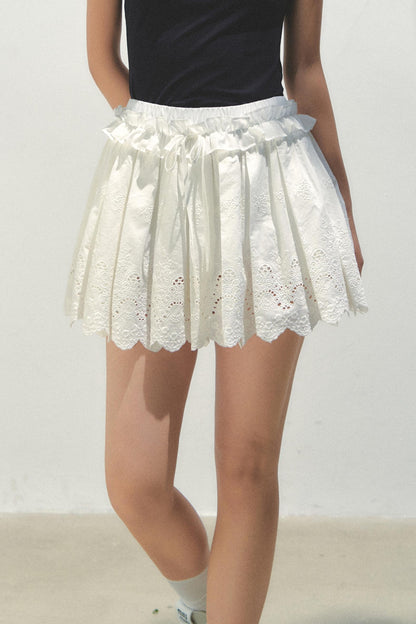 Navy Pleated Embroidered Skirt