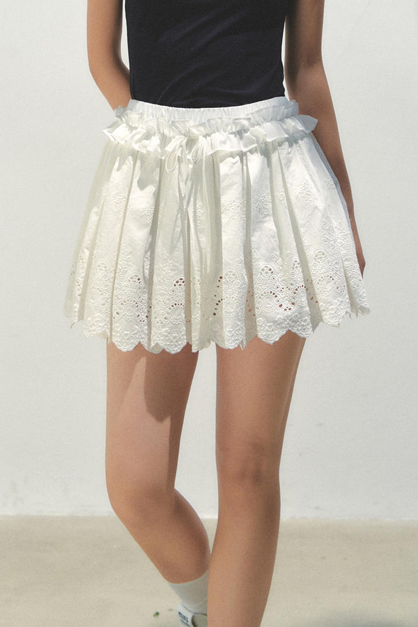 Navy Pleated Embroidered Skirt