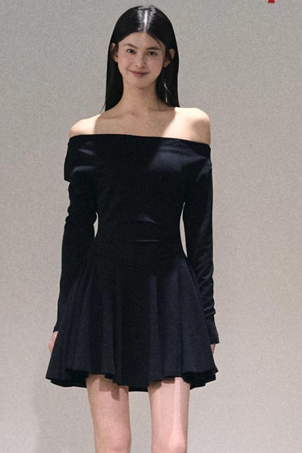 Slanted Shoulder Embroidered Waist Dress
