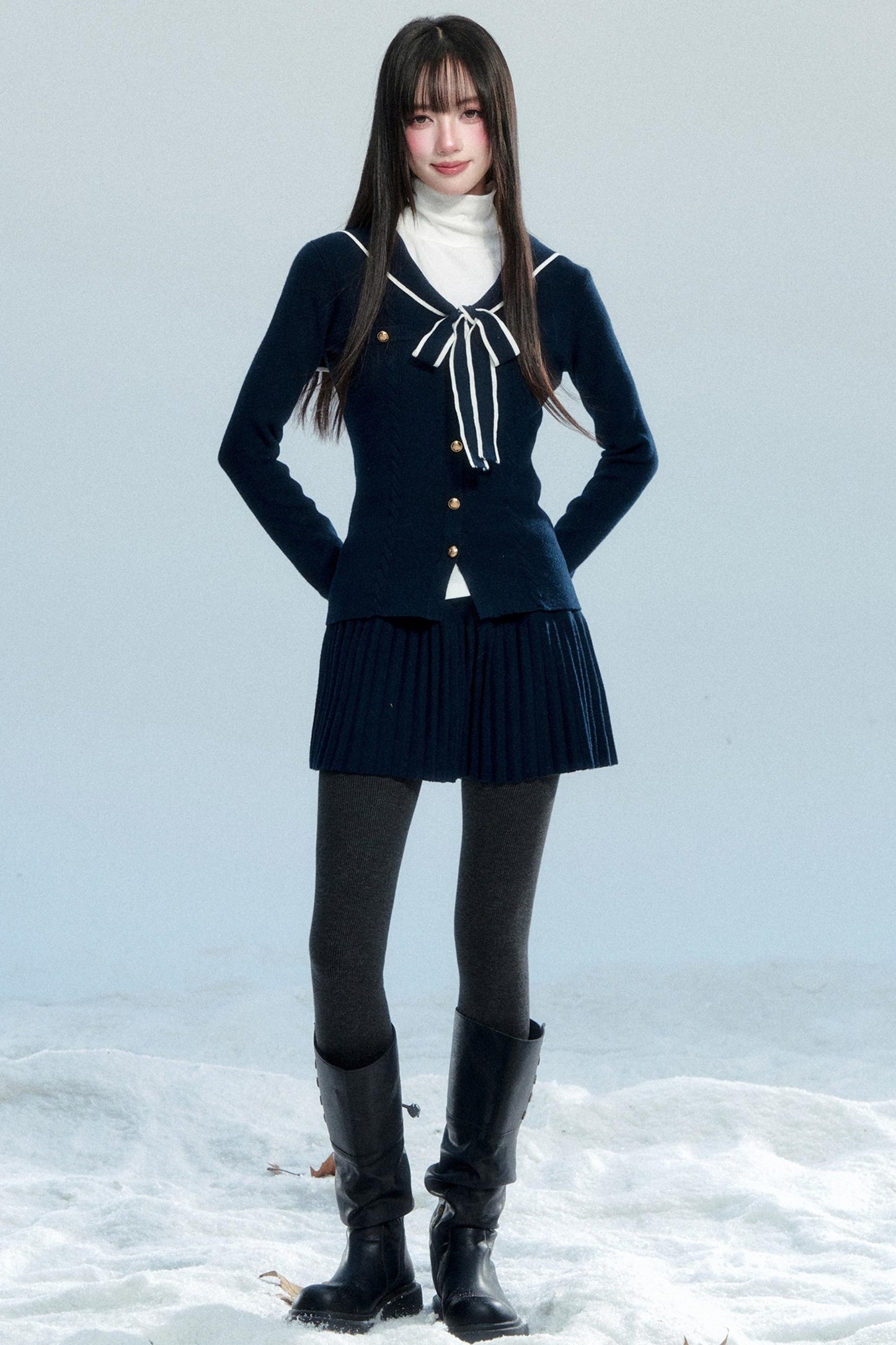 Navy Collar Knit Top Set-Up