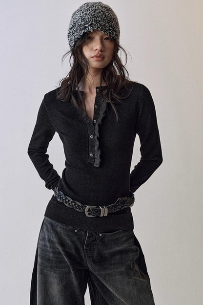 One-Sided Ruffled Crew Neck Knit Top