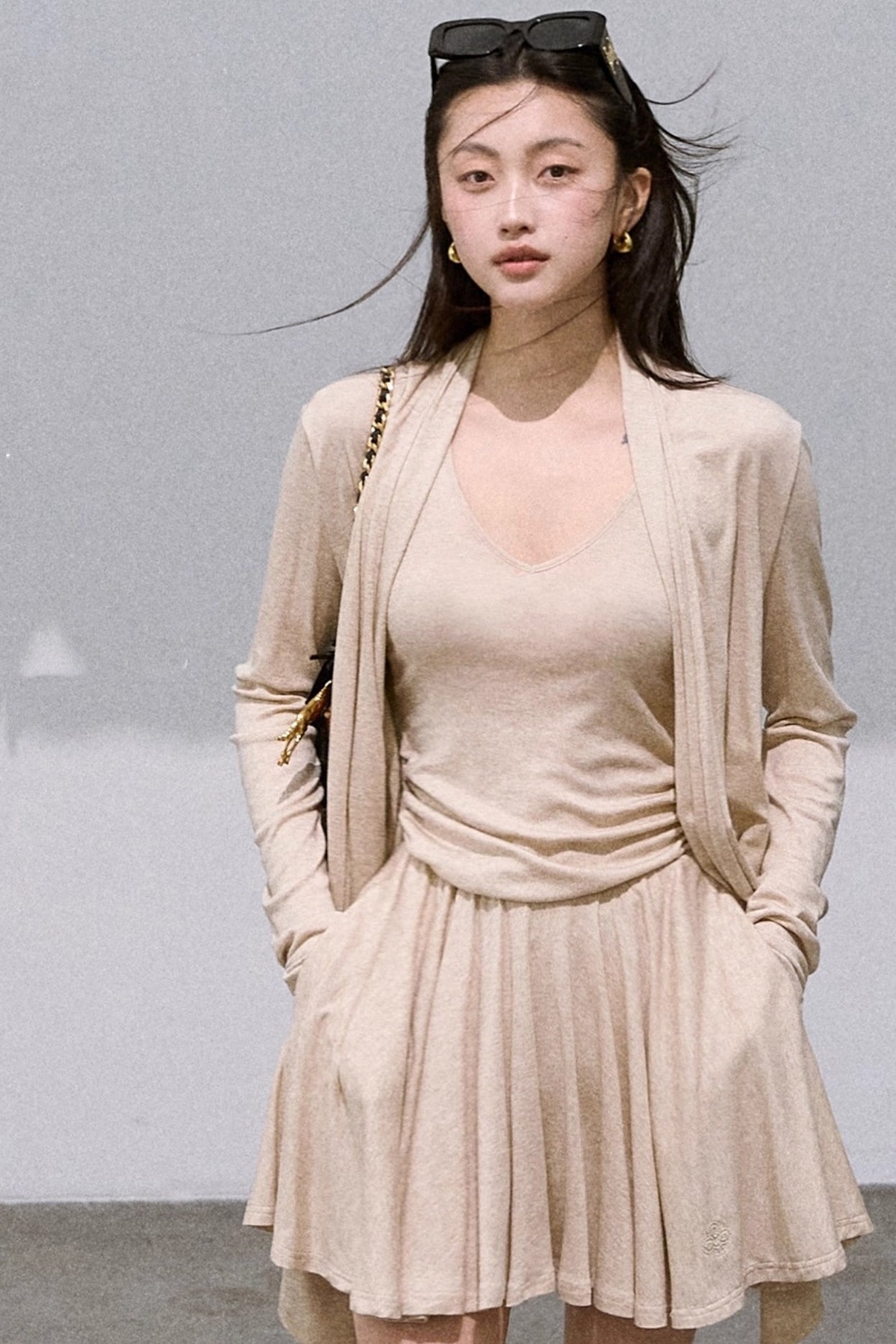 Tencel Wool Knit V-Neck Cardigan Dress Set-Up