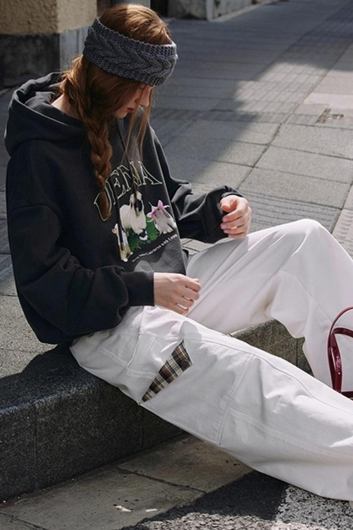 White Plaid Wide-Leg Cargo Pants