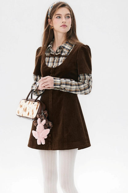 Brown Plaid Corduroy Dress