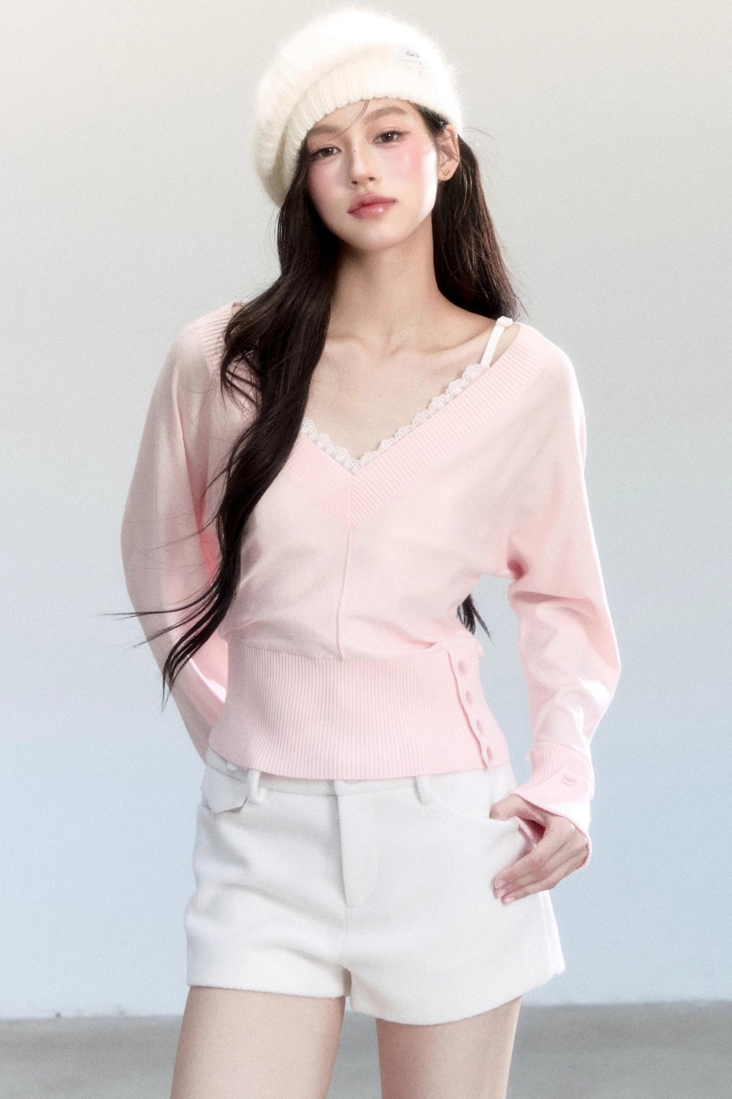 Lazy V-Neck Knit Top Set-Up