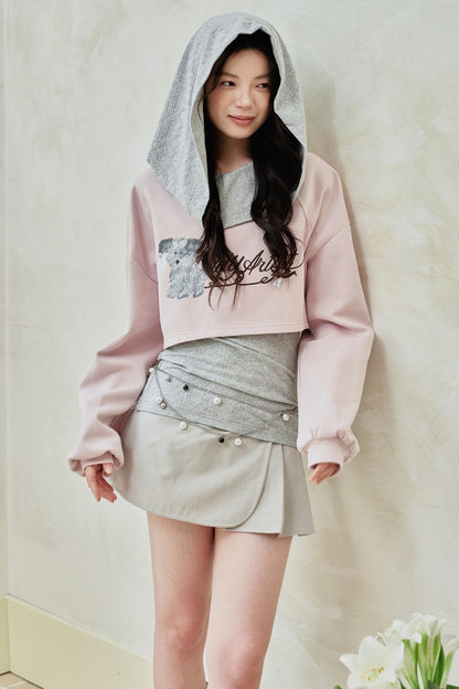 Pink Gray Fake Two Piece Hooded Top
