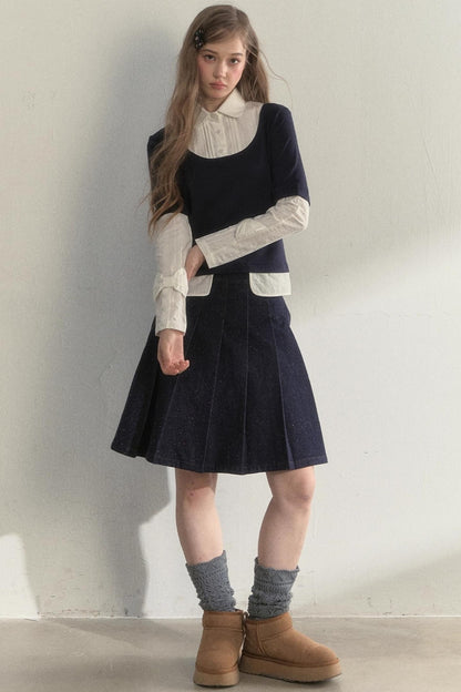 Retro Navy Faux Two-Piece Top