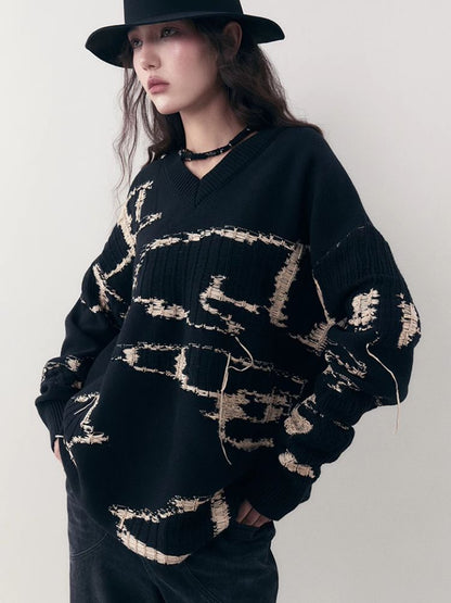 V-Neck Knit Loose Pullover Sweater