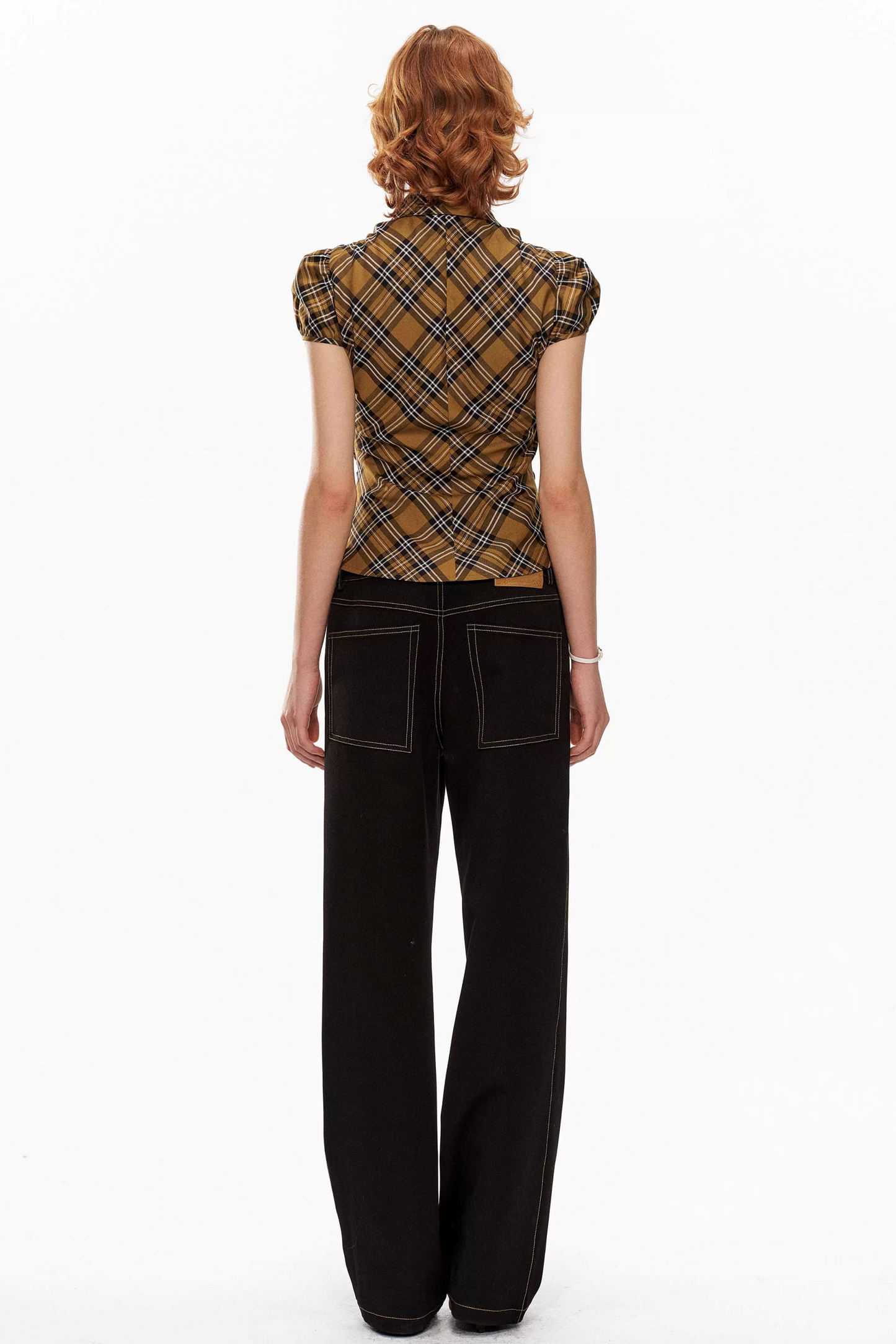 Yellow Plaid Puff-Sleeve Blouse