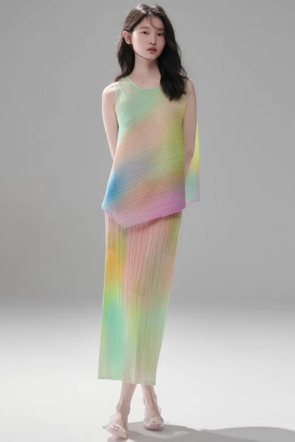 Rainbow Gradient Pleated Vest Set-Up