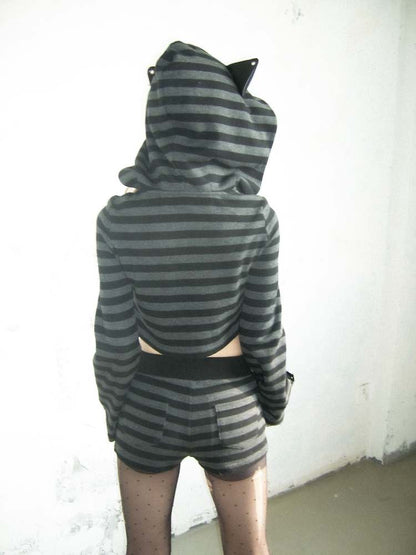 Cat Ears Border Lace Up Hoodie & Short Pants