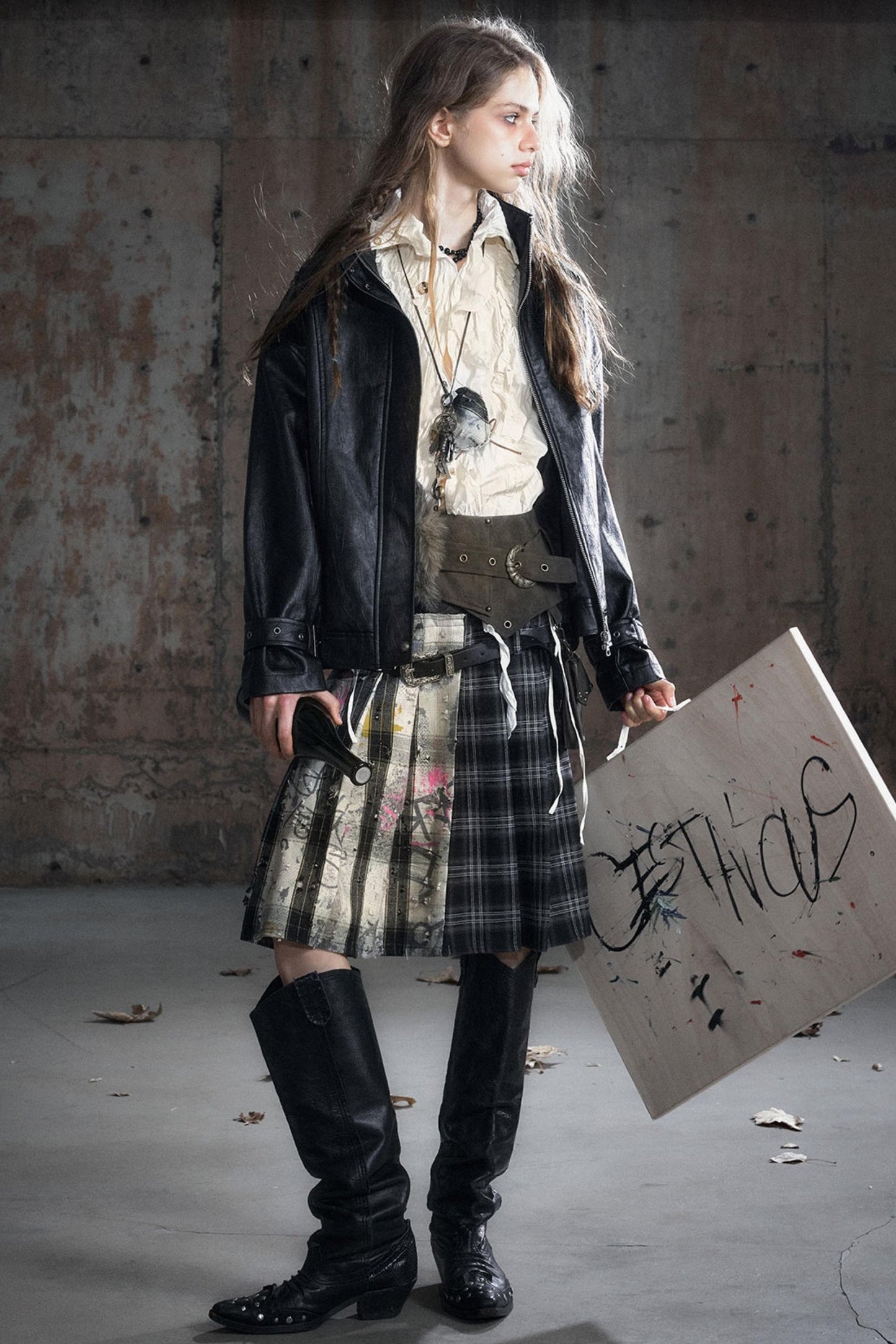 Leather Waist Plaid Pleated Skirt