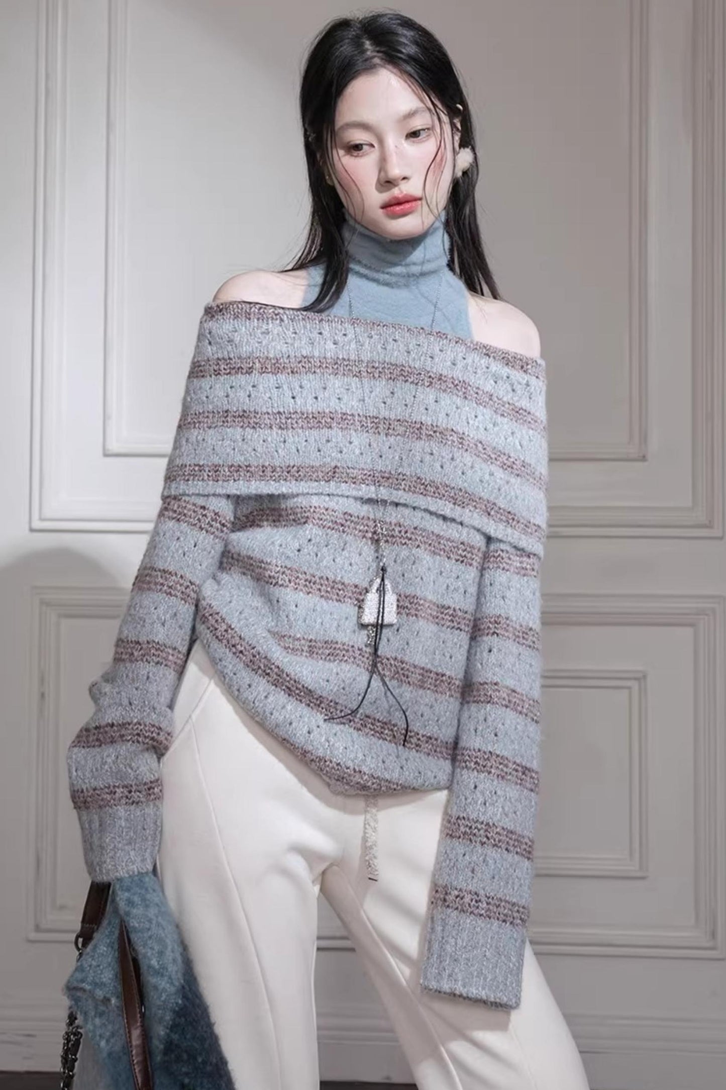 Off-Shoulder Striped Knit Vest Set