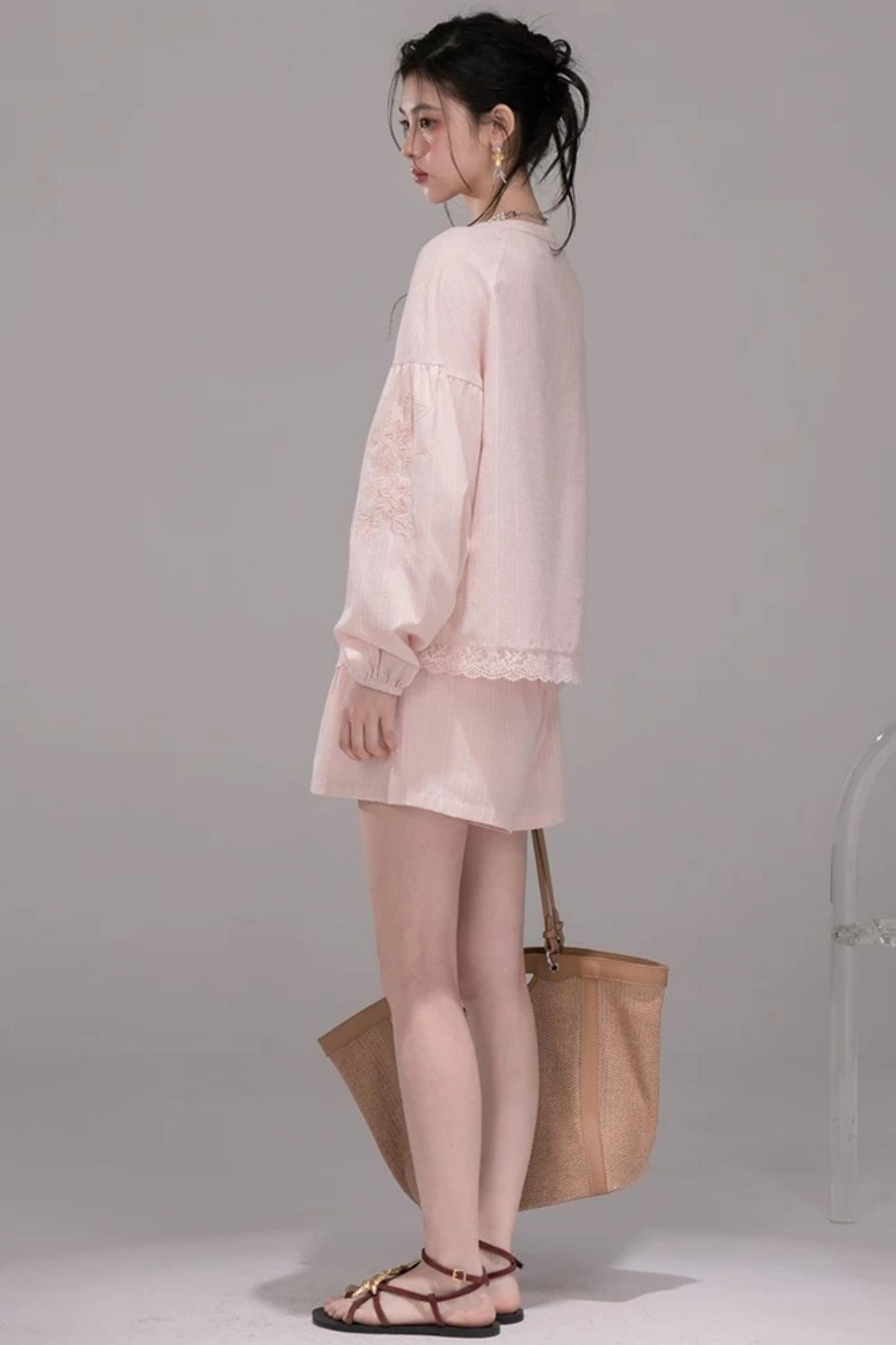 Cloud Peach Embroidered Striped Shirt Set-Up