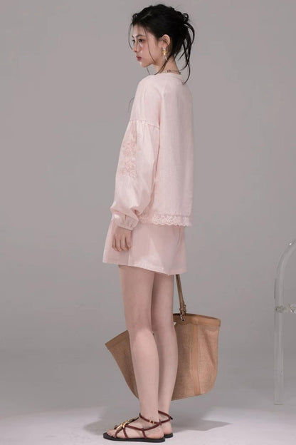 Cloud Peach Embroidered Striped Shirt Set-Up
