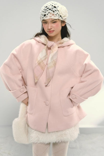 Pink Paneled Plaid Hooded Wool Coat