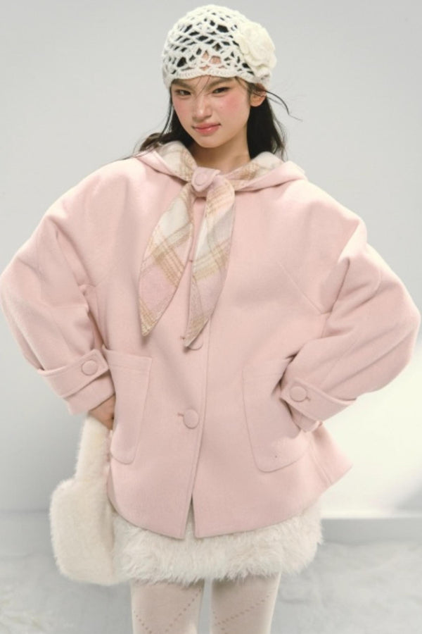 Pink Paneled Plaid Hooded Wool Coat
