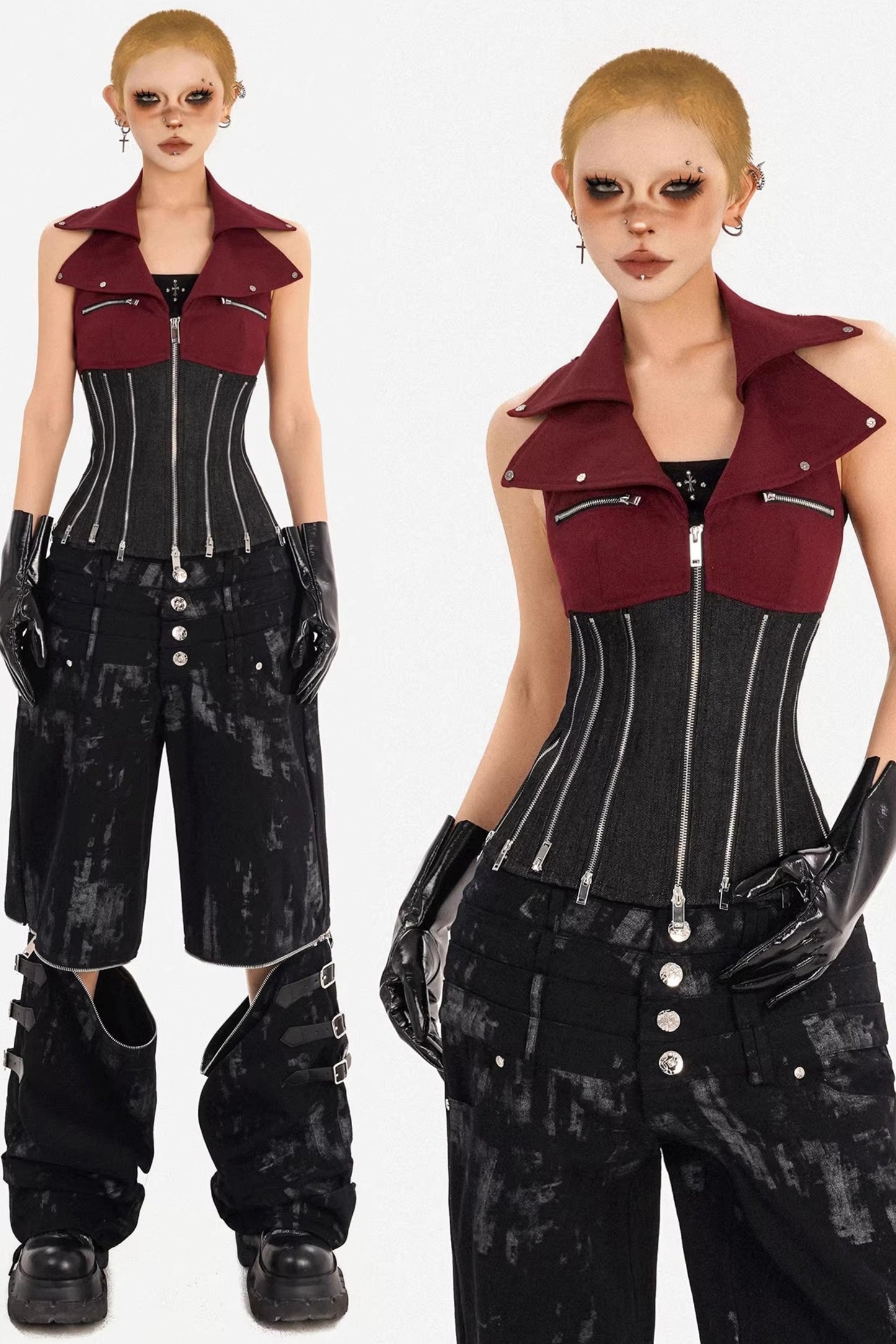 Color-Block Denim Zipper Vest