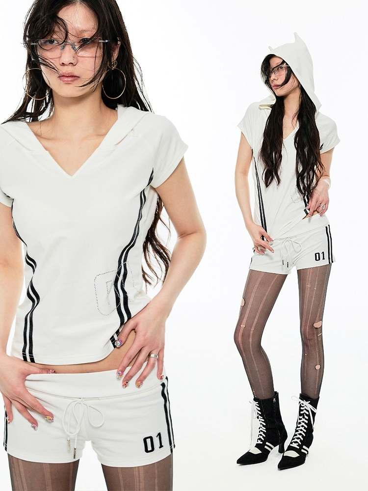 Black & White Line Hoodie V-Neck Tee